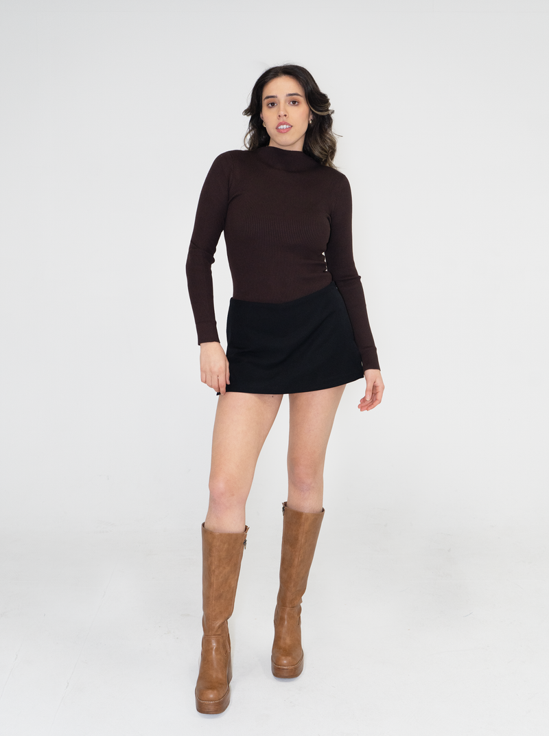 Mock Neck ribbed long sleeve- Brown